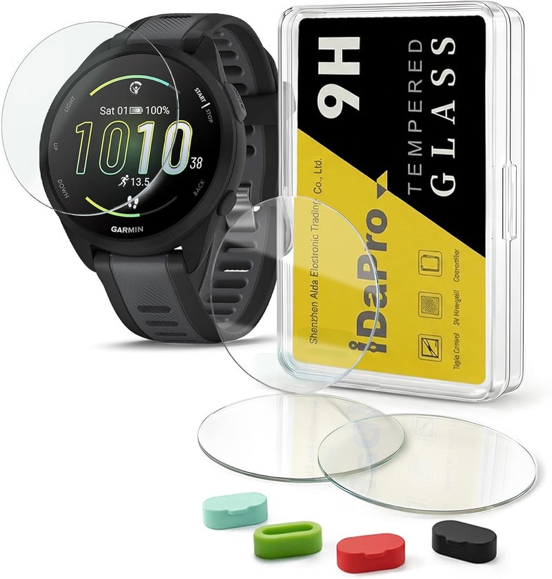 iDaPro [4+4 Pack Screen Protector for Garmin Forerunner 165 / Forerunner 165 Music with Silicone Anti-dust Plugs, 9H Tempered Glass Protection Kit in Reusable Storage Case, Anti-Scratch,Bubble-Free - Image 1